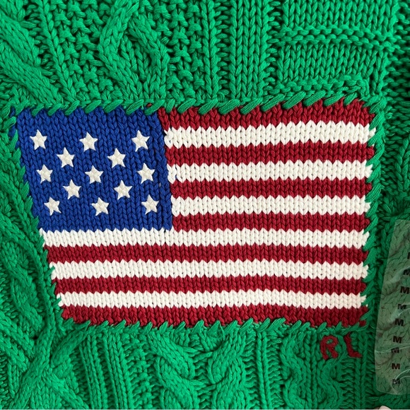 Ralph Lauren Green Cable Knit Patriotic Flag Sweater Preppy New Medium - Picture 3 of 4